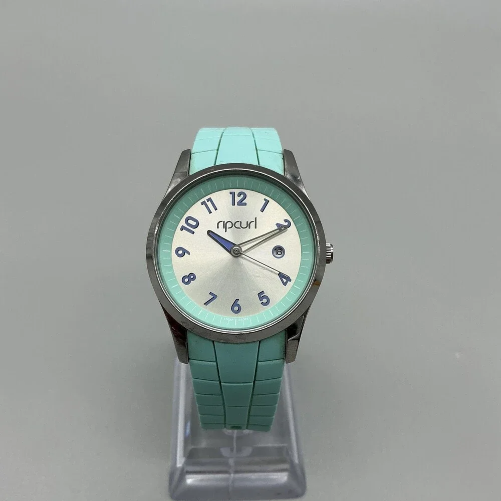 Rip Curl Echo Womens Watch 33mm Silver Tone Aqua Rubber Surf Date New Battery